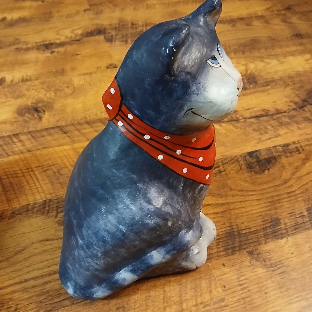 Vtg Paper Mache Cat Sitting Hand Painted Made In Thailand Red Bandana‎ Bow 14